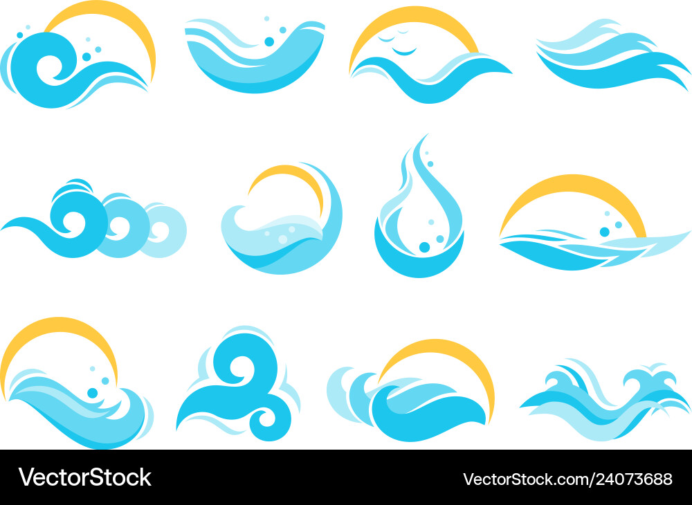 Sea water icons ocean waves agua splash and blue Sea water icons ocean waves agua splash and blue vector image