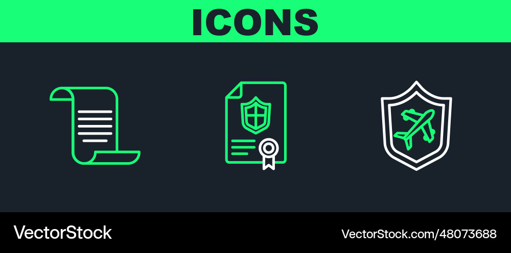 Set line plane with shield document and contract Set line plane with shield document and contract Vector Image