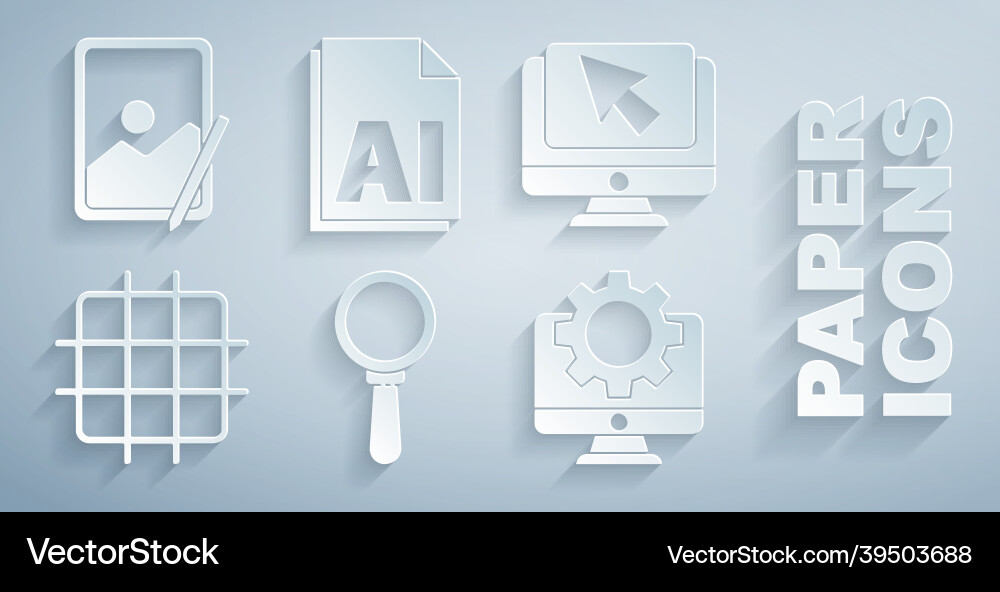 Set magnifying glass computer monitor and cursor Set magnifying glass computer monitor and cursor vector image