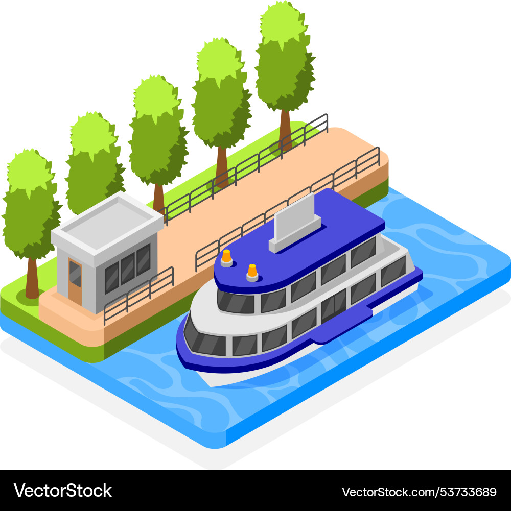 Composition of a boat at the dock in isometric Composition of a boat at the dock in isometric Vector Image