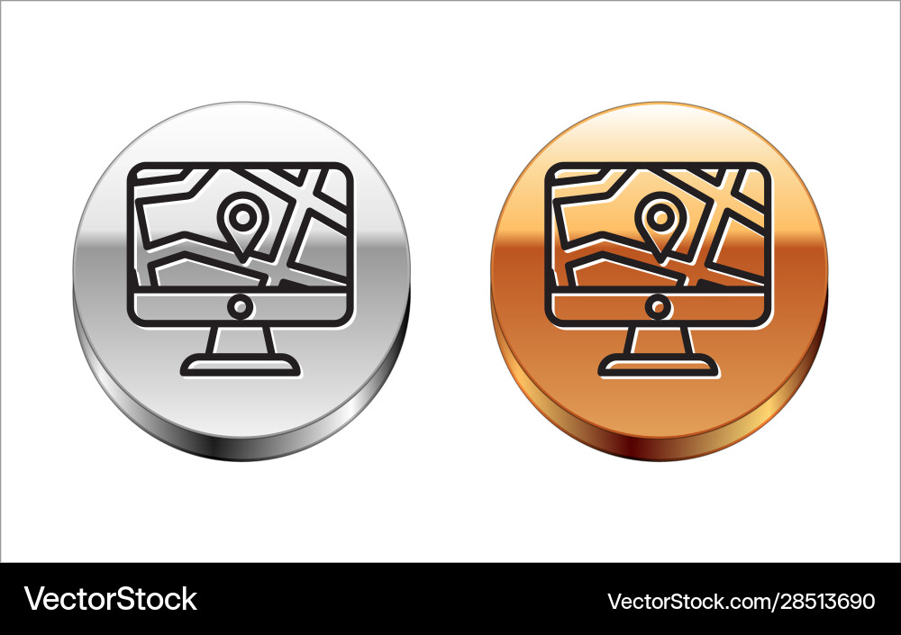 Black line computer monitor and folded map Black line computer monitor and folded map vector image