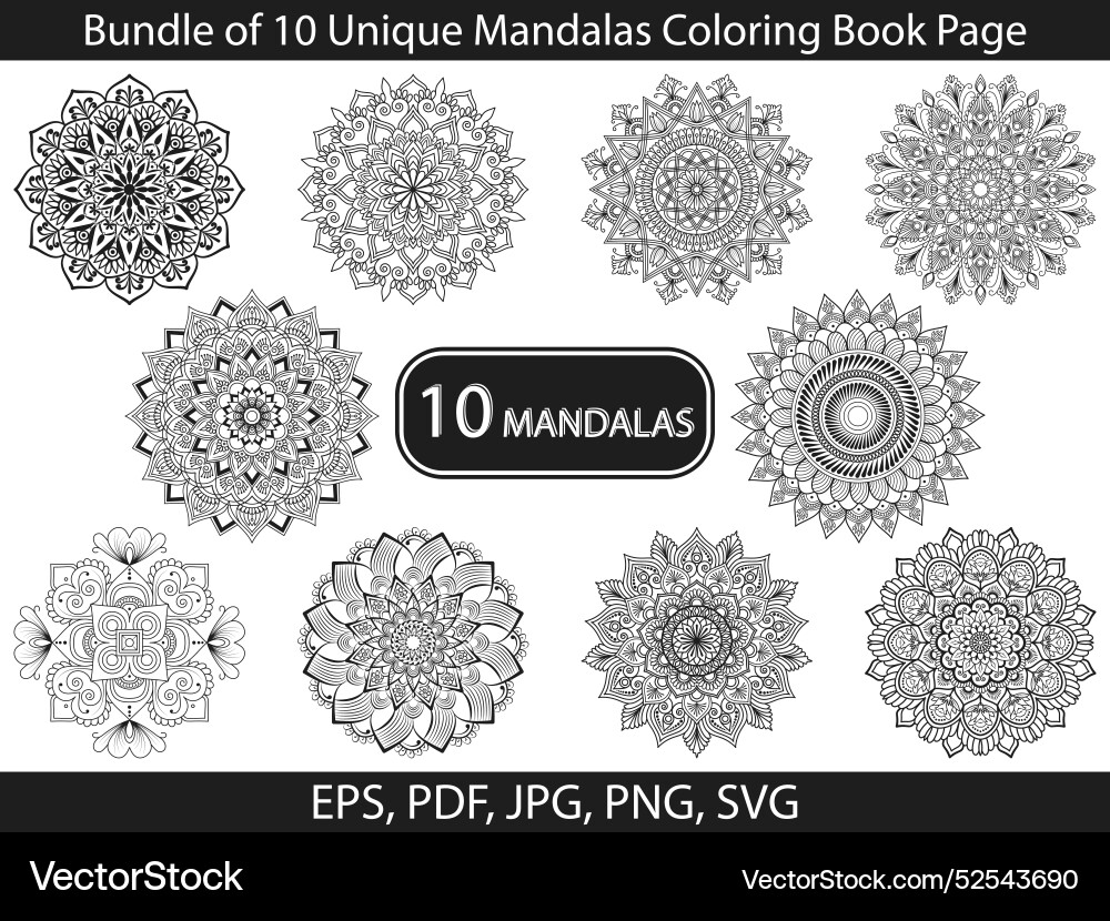 Bundle of 10 unique mandalas coloring book page Vector Image