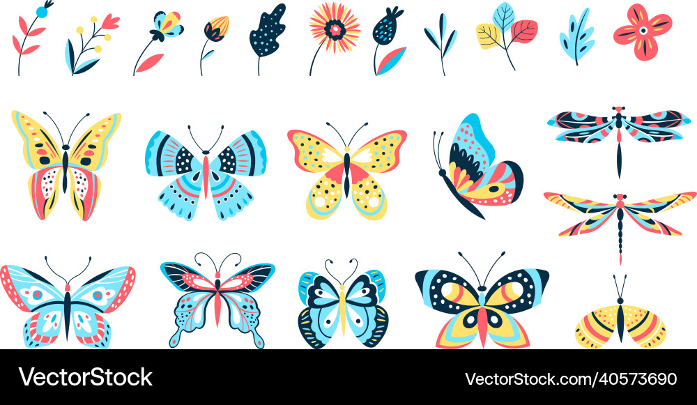 Butterflies and flowers isolated branch flower Butterflies and flowers isolated branch flower Vector Image