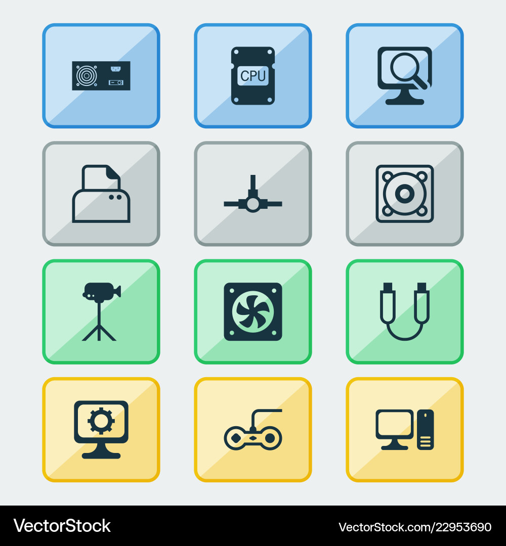 Computer icons set with gamepad cpu fan paper Computer icons set with gamepad cpu fan paper vector image