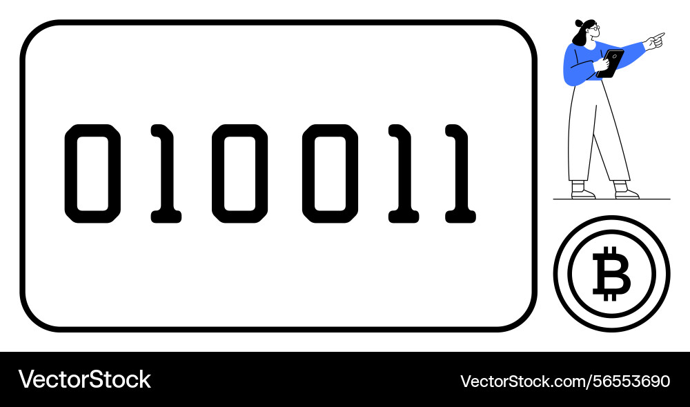 Digital binary code with bitcoin logo and woman Digital binary code with bitcoin logo and woman vector image