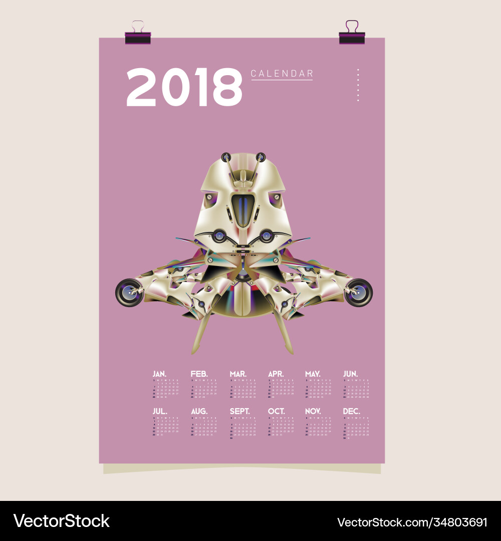 2018 calendar design template 3d realistic robot 2018 calendar design template 3d realistic robot Vector Image