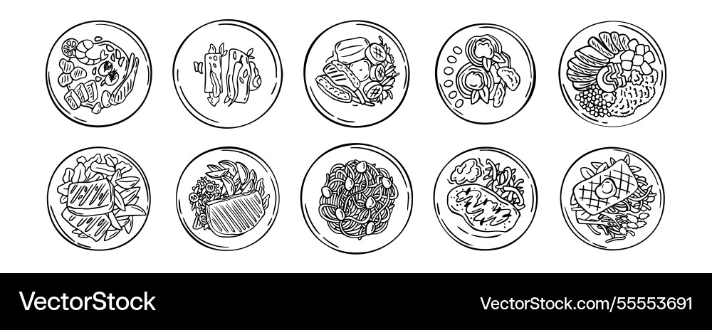 Meal served on plate top view hand drawn doodle Meal served on plate top view hand drawn doodle vector image