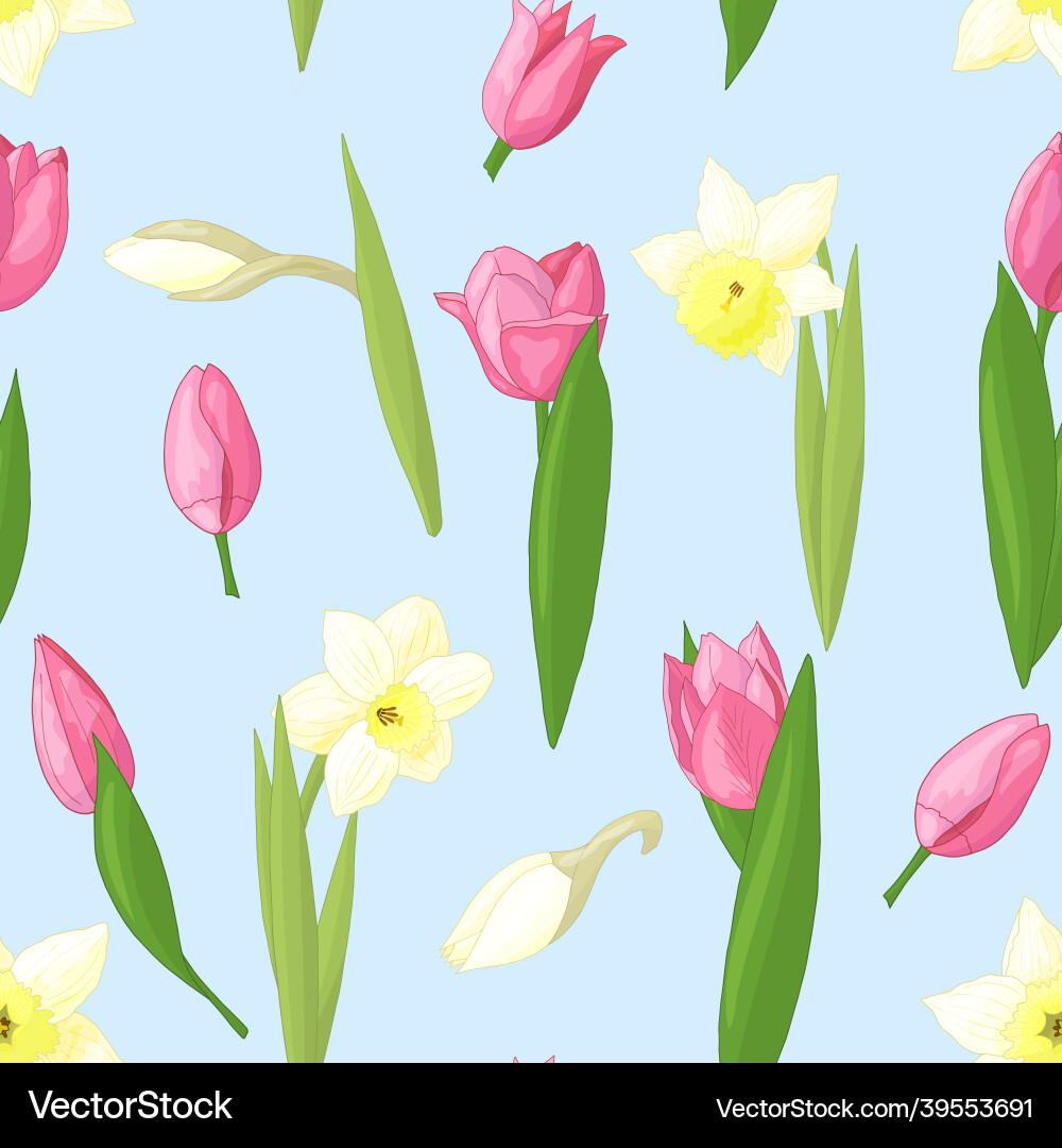Seamless pattern with tulips and daffodils Seamless pattern with tulips and daffodils Vector Image