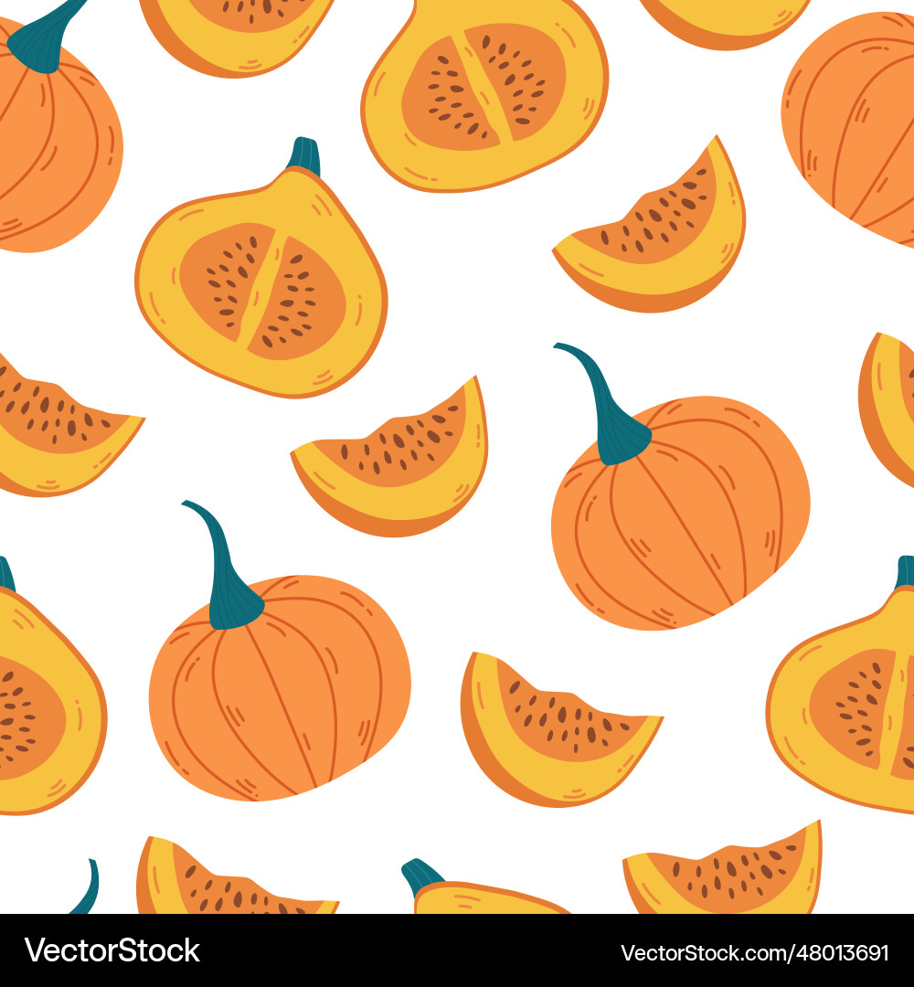 Seamless pattern with whole and slice of pumpkin Seamless pattern with whole and slice of pumpkin Vector Image