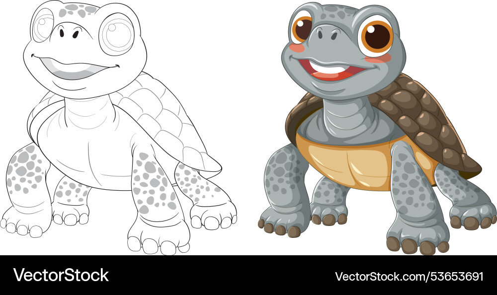 Smiling turtle with color and outline versions Vector Image