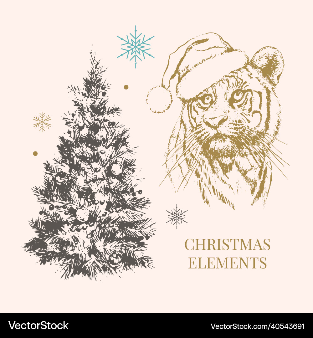Tiger in christmas hat print on a postcard Tiger in christmas hat print on a postcard vector image