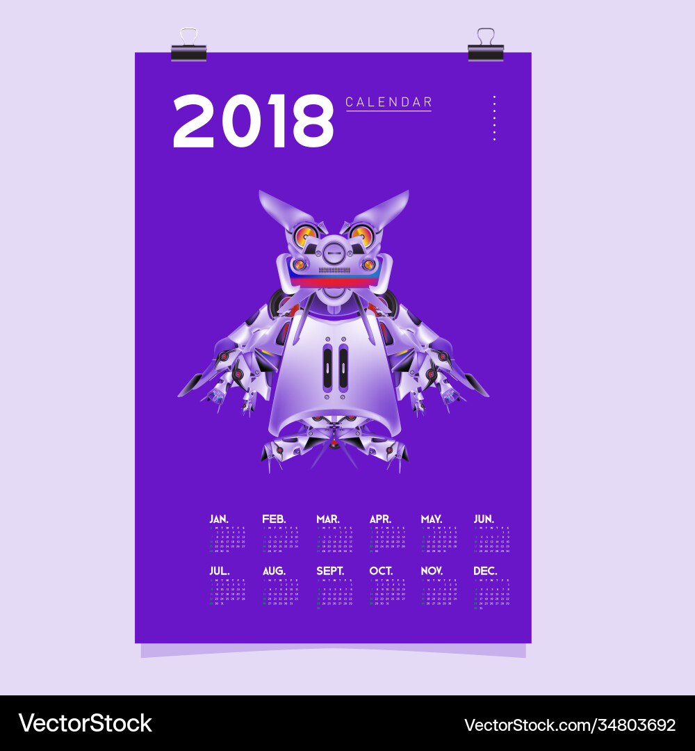 2018 calendar design template 3d realistic robot 2018 calendar design template 3d realistic robot vector image