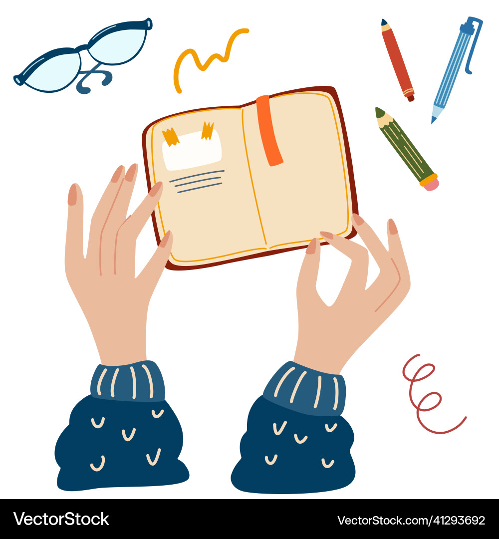 Female human hands holding book or a notebook Female human hands holding book or a notebook vector image