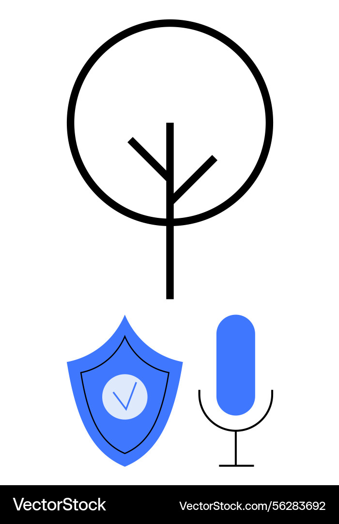 Tree shield with checkmark and microphone Tree shield with checkmark and microphone Vector Image