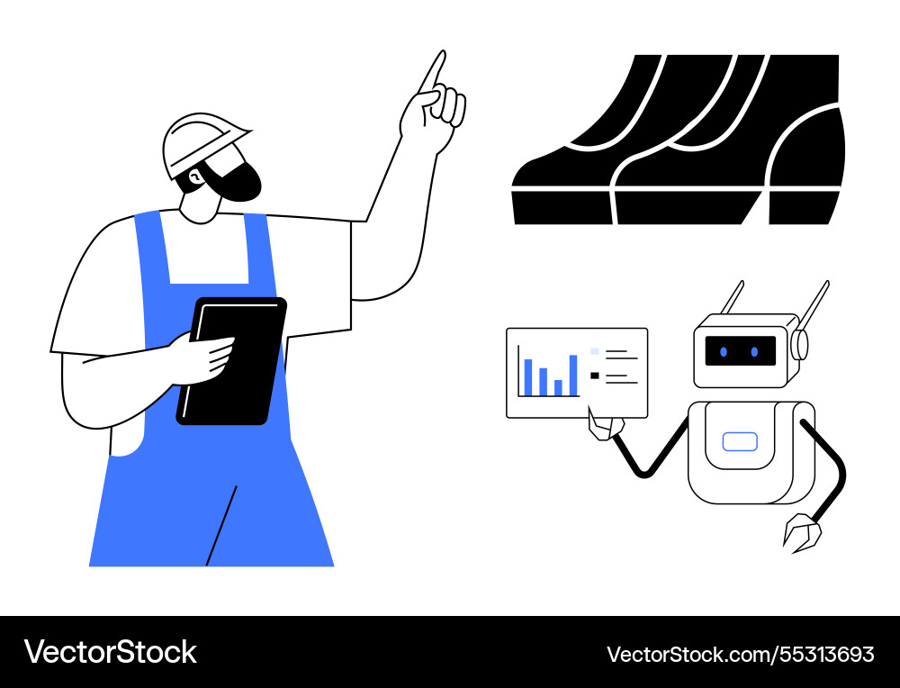 Factory worker and robot collaborating Factory worker and robot collaborating vector image