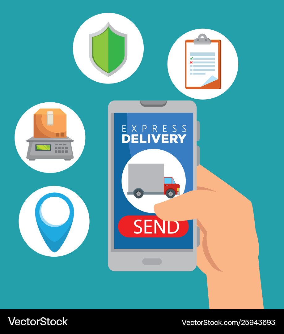 Hand with smartphone and distribution package Hand with smartphone and distribution package vector image