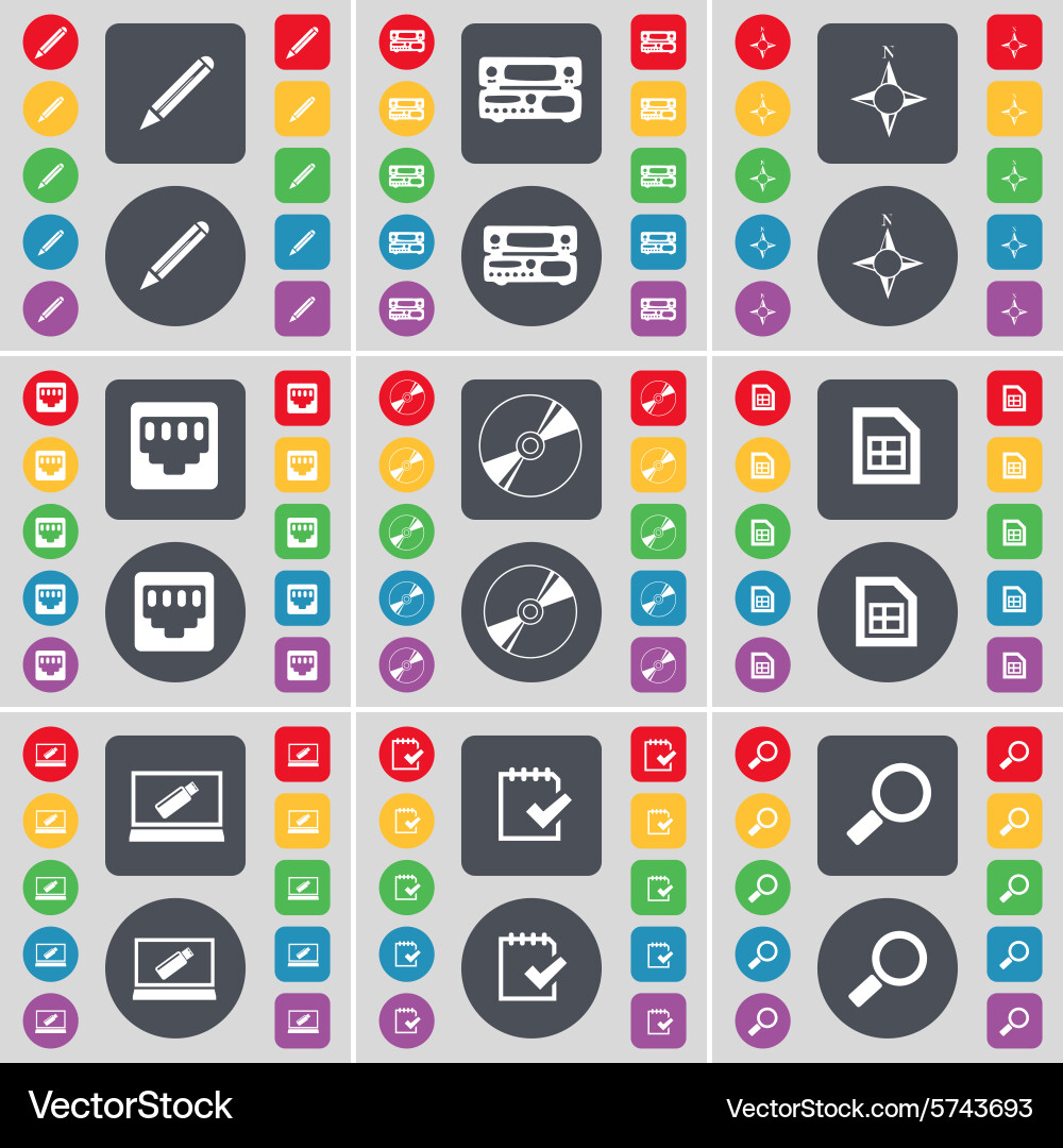 Pencil record-player compass lan socket disk file vector image
