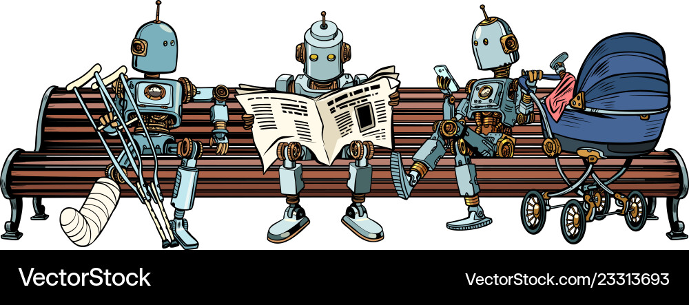 Retro Robots on a Park Bench Vector Image