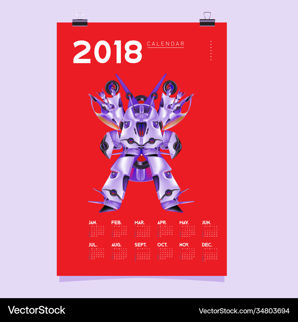 2018 calendar design template 3d realistic robot 2018 calendar design template 3d realistic robot vector image