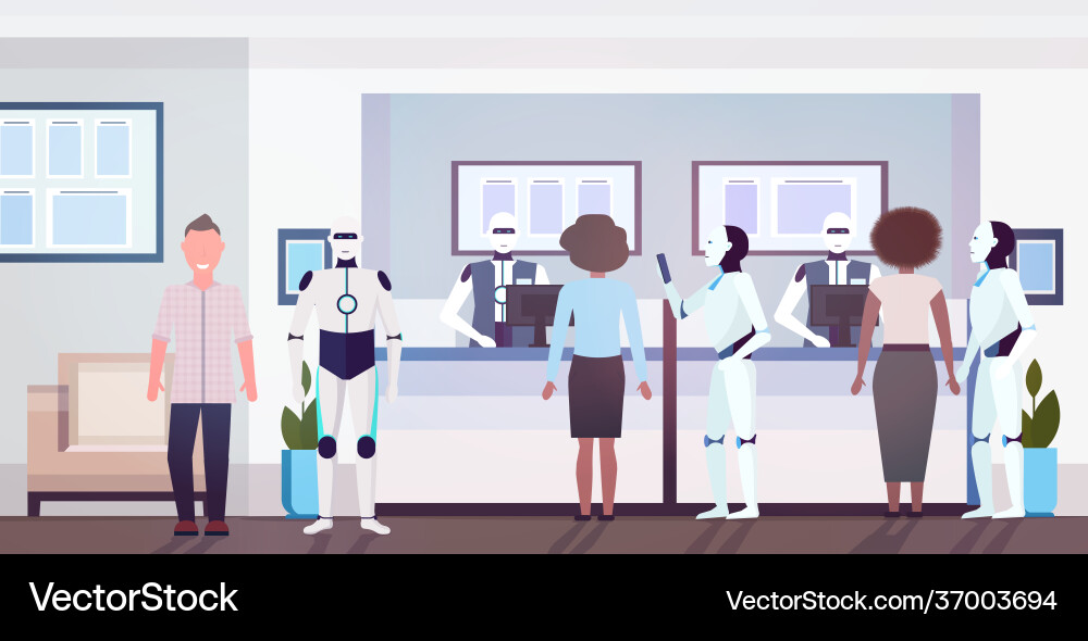 People and robots at counter tellers with robotic Vector Image