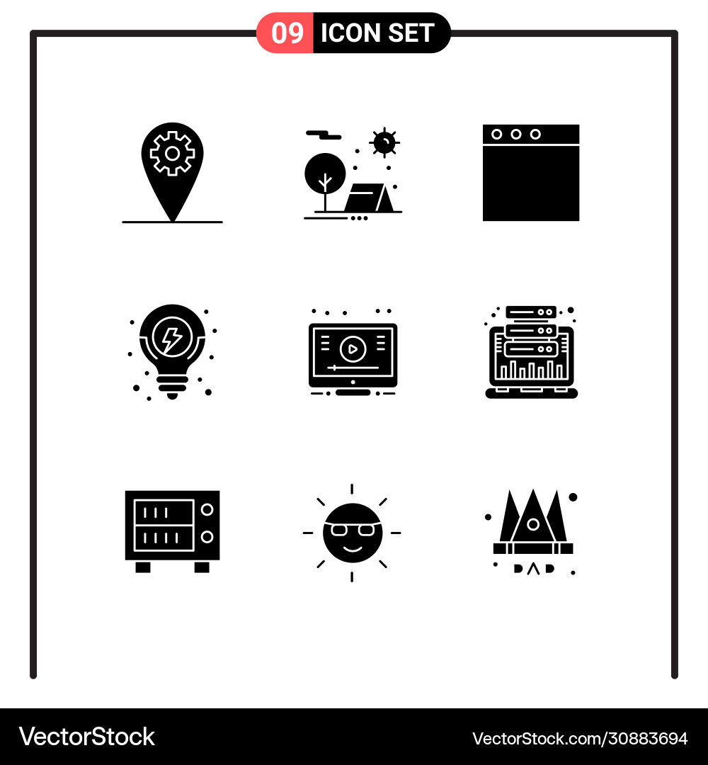 Set 9 solid glyphs on grid for video learn app Vector Image