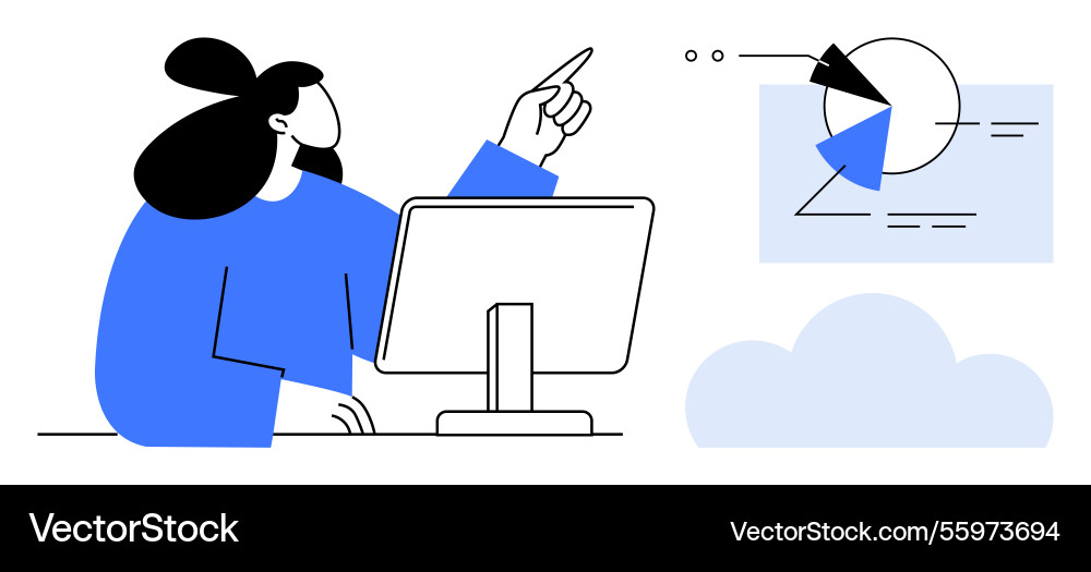 Woman analyzing data visualization with pie chart Woman analyzing data visualization with pie chart vector image