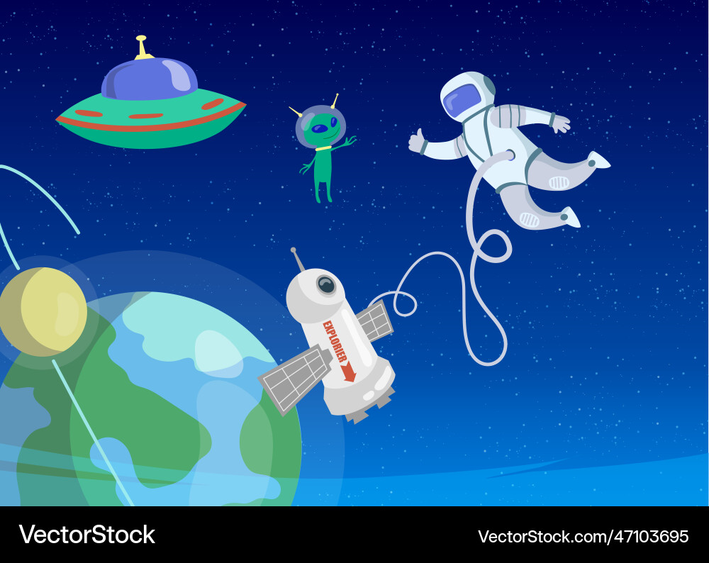 Astronaut greeting little alien in outer space Astronaut greeting little alien in outer space vector image