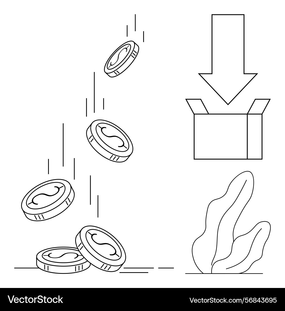 Coins dropping into open box with arrow indicating Coins dropping into open box with arrow indicating vector image