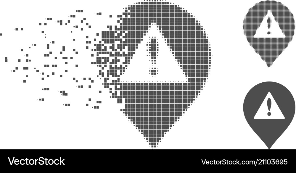 Decomposed pixel halftone danger map marker icon Decomposed pixel halftone danger map marker icon vector image