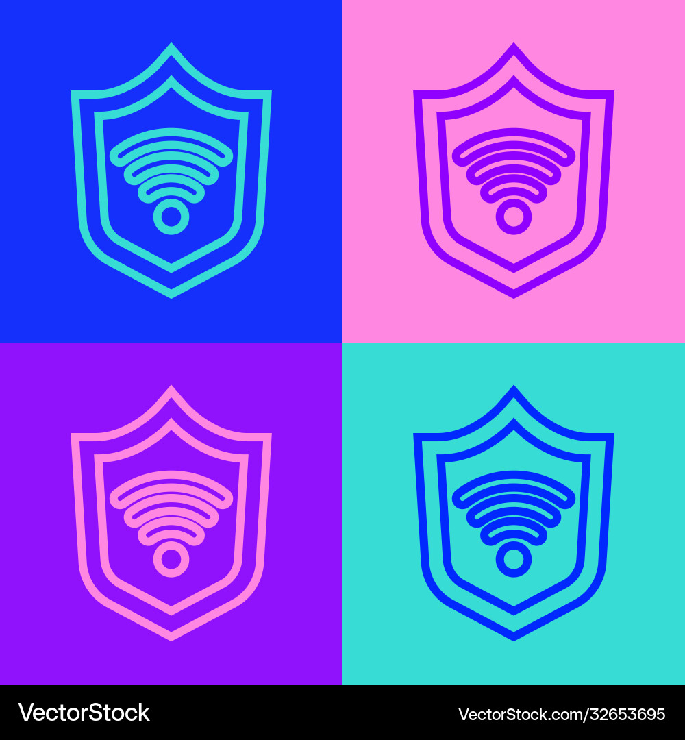 Pop art line shield with wifi wireless internet Pop art line shield with wifi wireless internet vector image