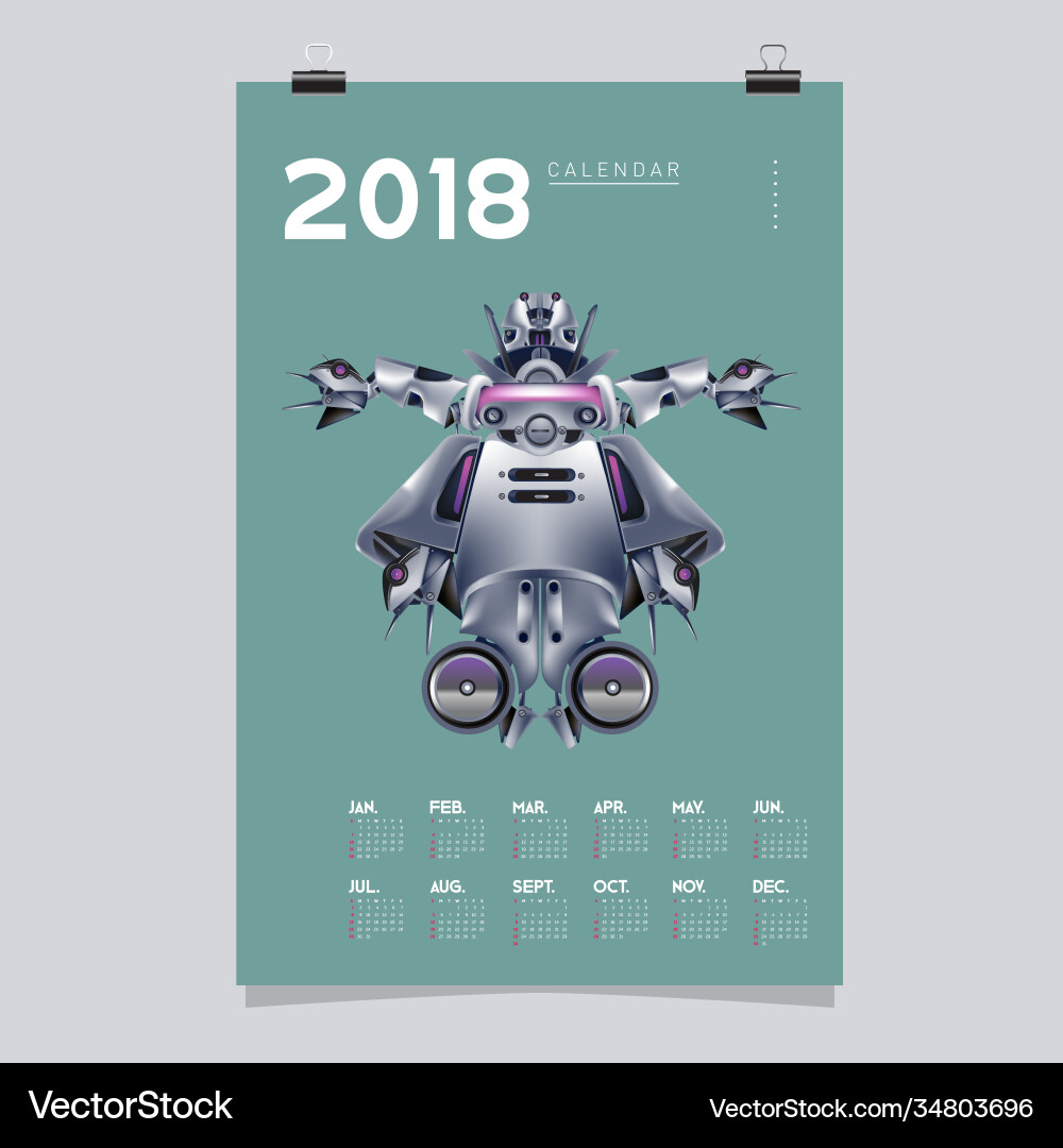 2018 calendar design template 3d realistic robot 2018 calendar design template 3d realistic robot vector image
