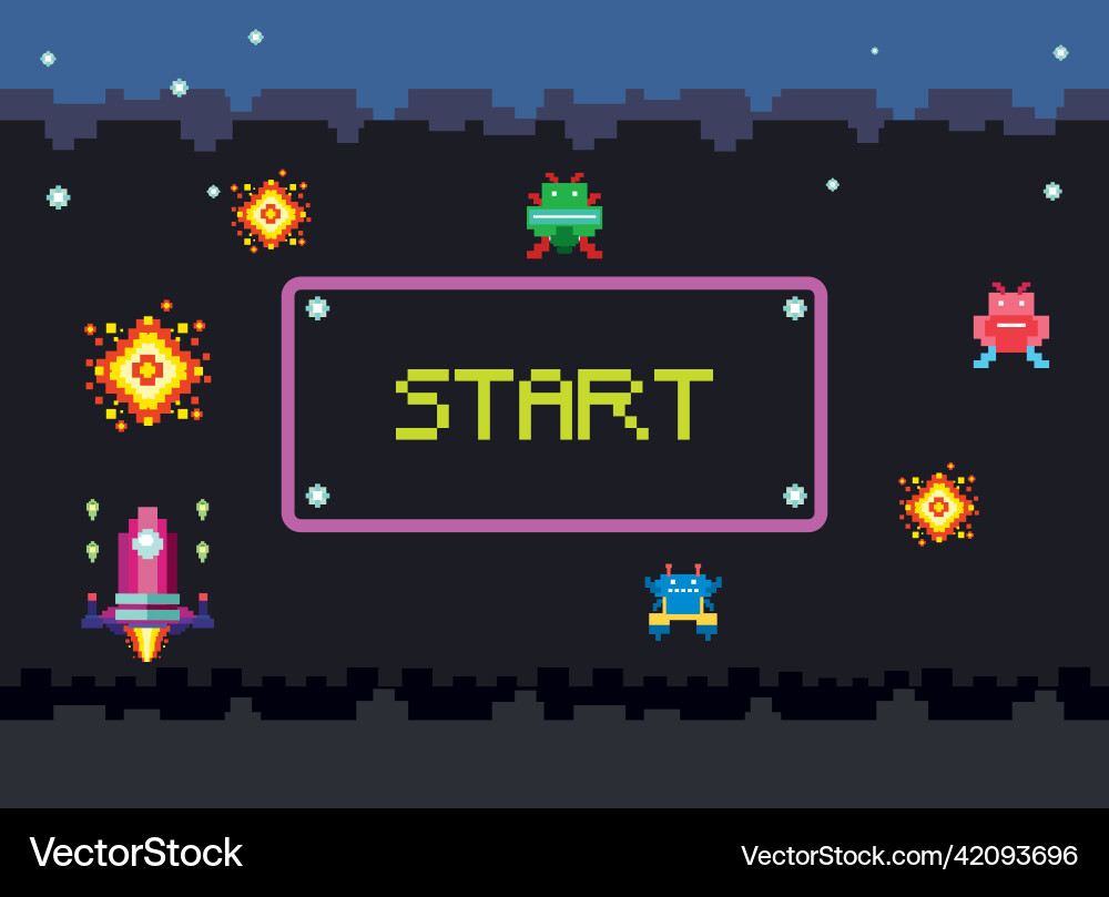 Pixel space game interface with start button Vector Image