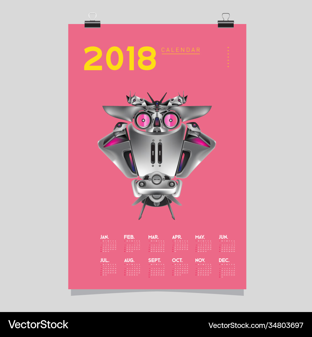 2018 calendar design template 3d realistic robot 2018 calendar design template 3d realistic robot vector image
