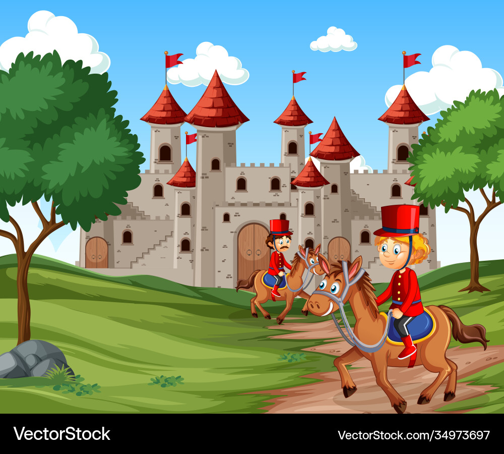 Fairytale scene with castle and soldier royal Fairytale scene with castle and soldier royal vector image