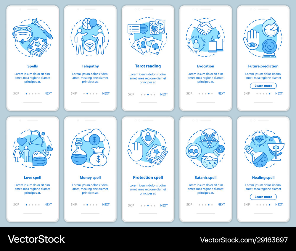 Magic spells onboarding mobile app page screen Magic spells onboarding mobile app page screen vector image