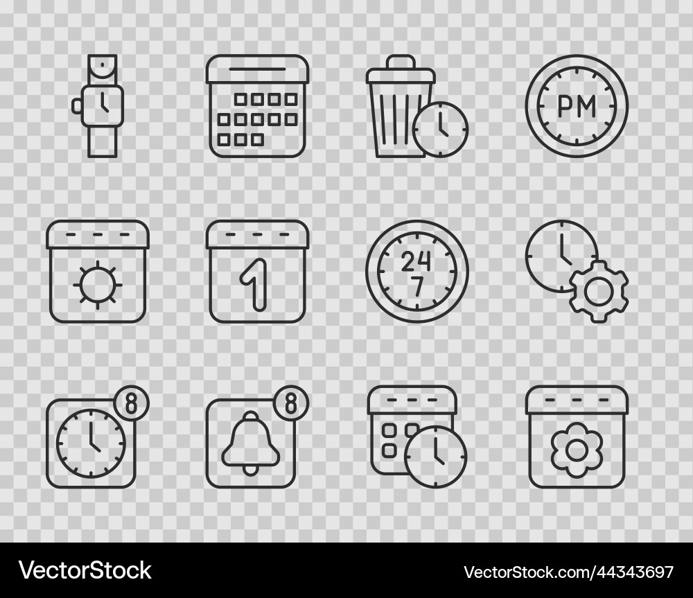 Set line alarm clock app mobile calendar spring Set line alarm clock app mobile calendar spring vector image
