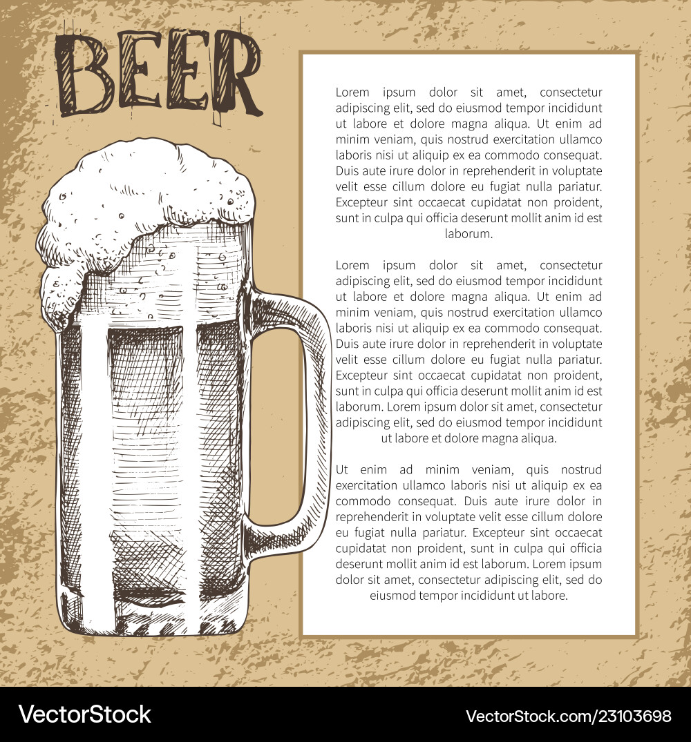 Big beer sketch mug with foam on old backdrop Vector Image