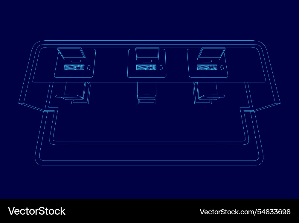 Blue drawing of a desk with three computer Vector Image