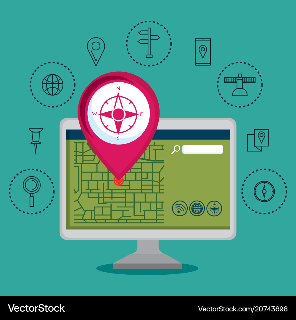Desktop computer with gps navigation software Desktop computer with gps navigation software vector image