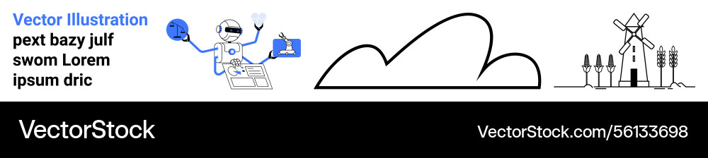 Robot working on laptop with cloud and windmill Robot working on laptop with cloud and windmill vector image