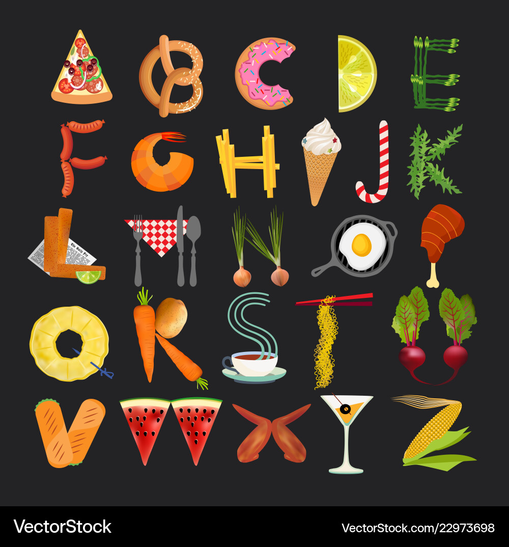 Typografie Küchen Poster Lebensmittel Alphabet Typografie Küchen Poster Lebensmittel Alphabet vektorbild