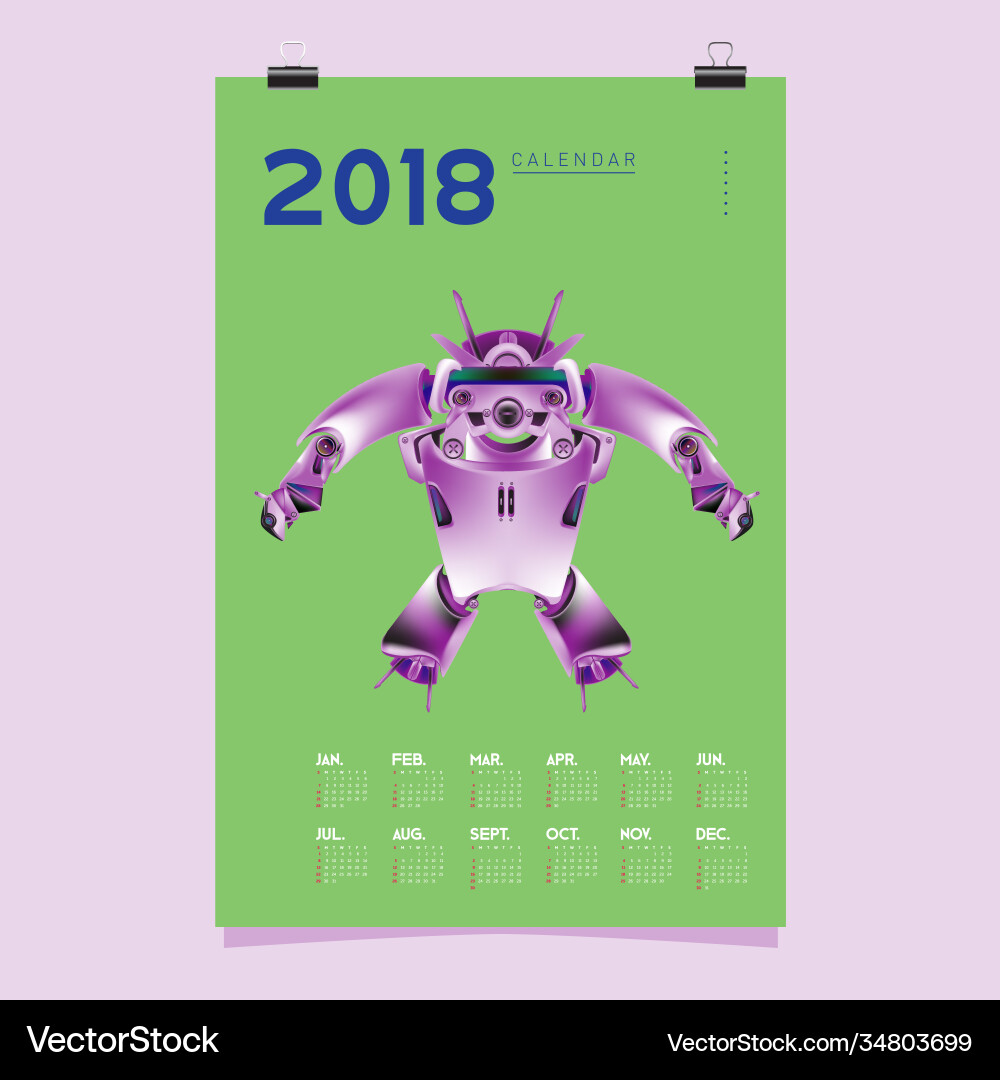 2018 calendar design template 3d realistic robot 2018 calendar design template 3d realistic robot vector image