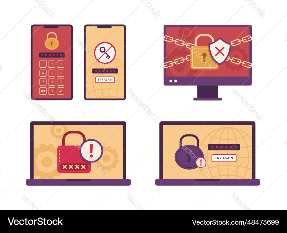 Computers and mobile phones with error lock screen Computers and mobile phones with error lock screen vector image