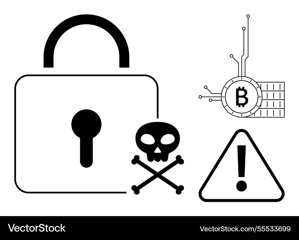 Cybersecurity lock with blockchain warning signs vector image