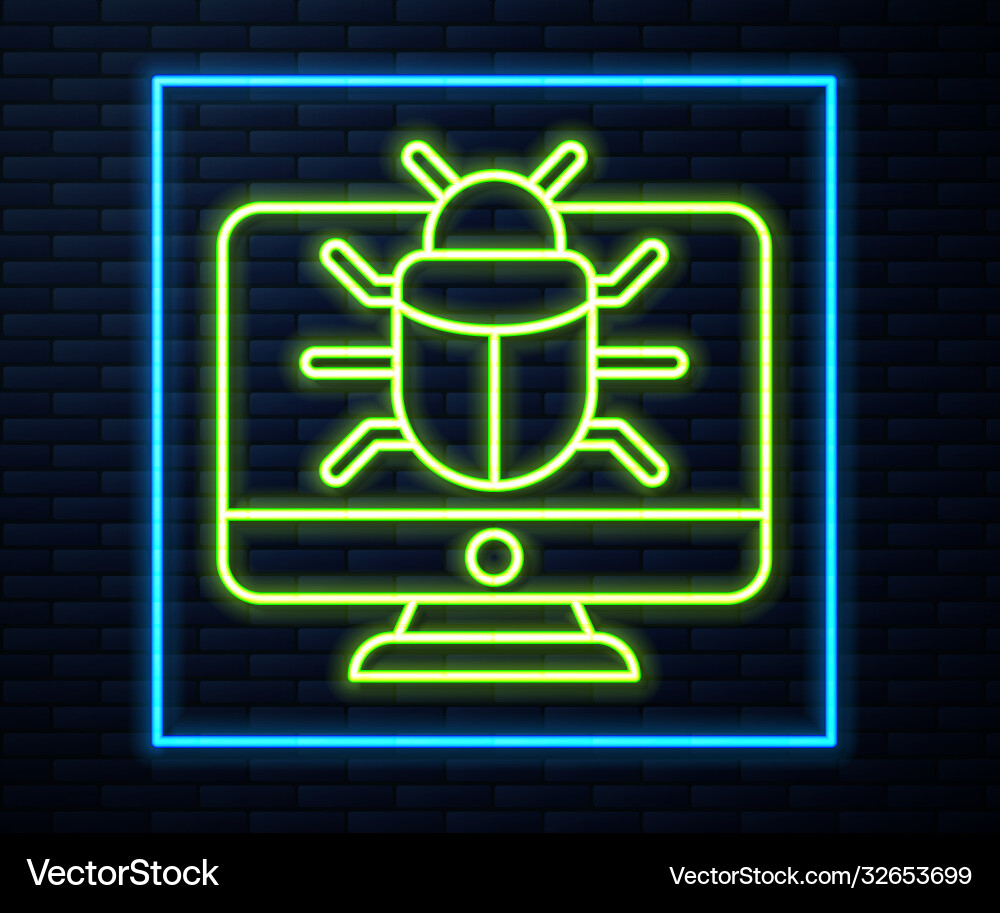 Glowing neon line system bug on monitor icon Glowing neon line system bug on monitor icon vector image