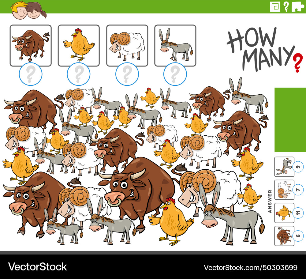 How many counting activity with cartoon farm Vector Image