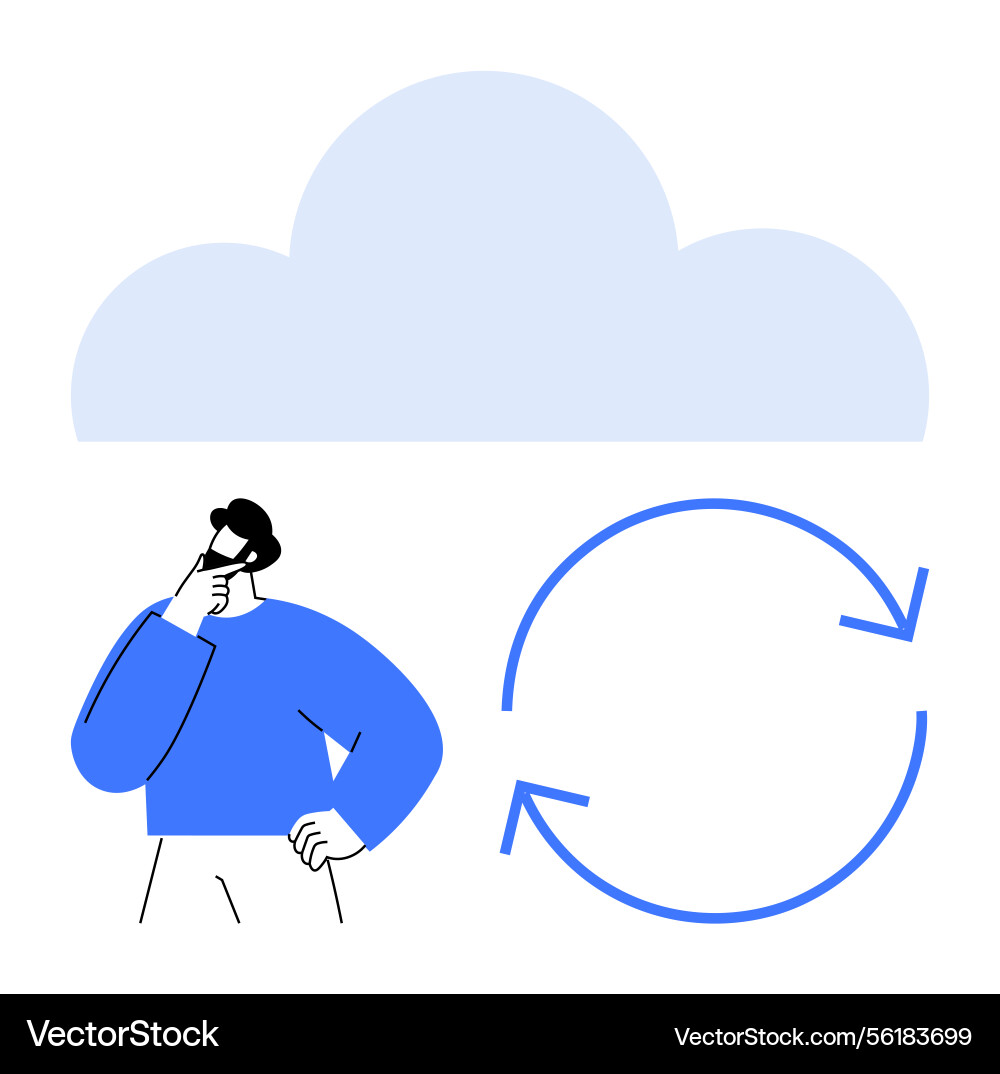 Man contemplating data synchronization with cloud Man contemplating data synchronization with cloud vector image