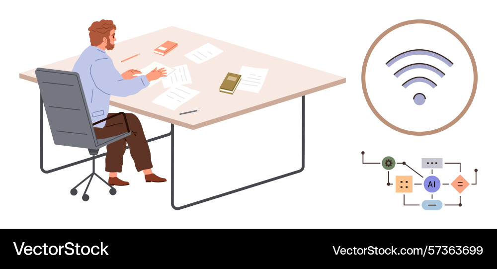 Man working at desk with wireless connection Man working at desk with wireless connection vector image