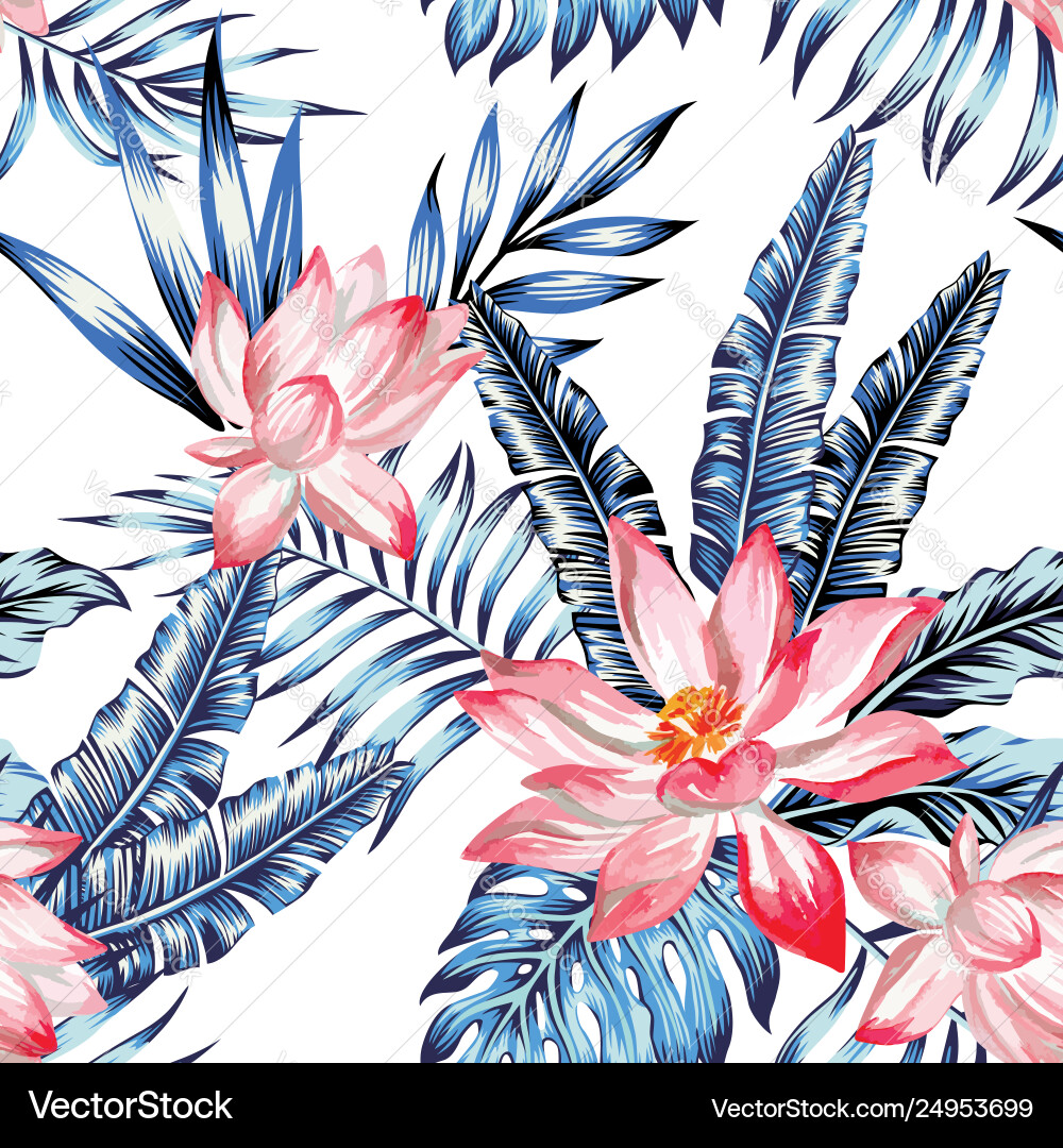 Pink Lotus & Blue Palm Leaves Vector Image
