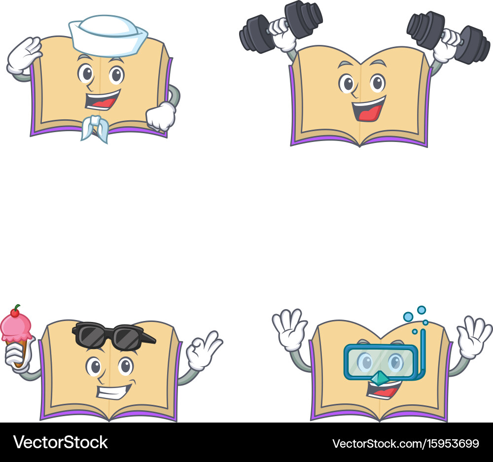 Set of open book character with army elf professor vector image